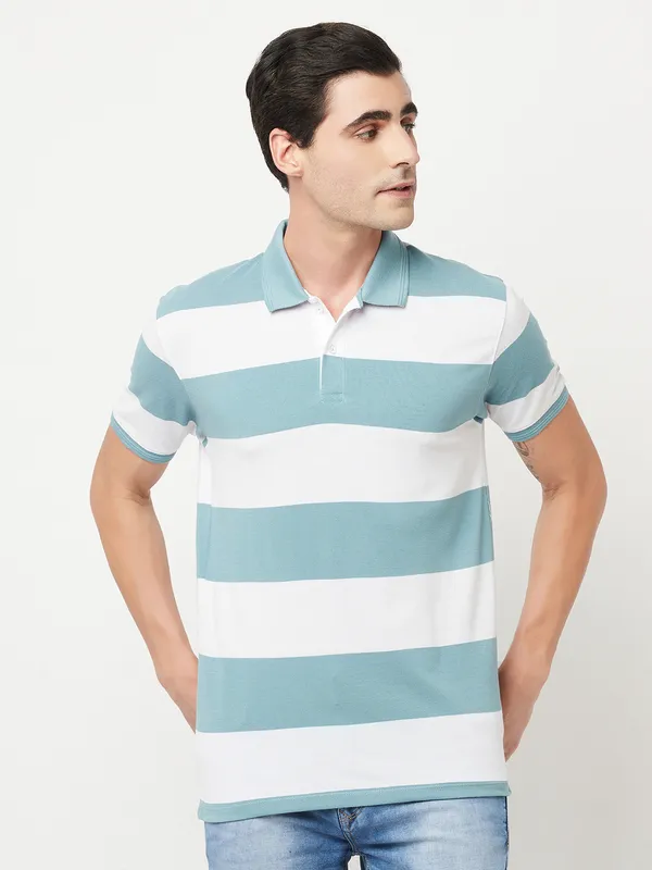 Blue and white striped polo t shirt on sale